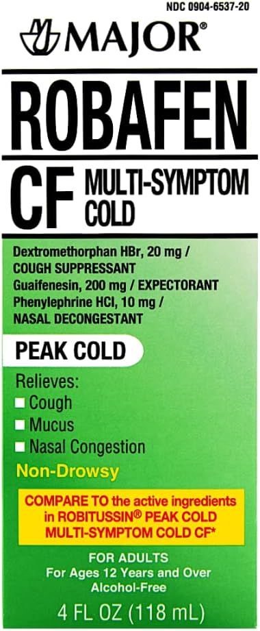 מרכזי Robafen CF רב -סימפטום שיא שיעול קר סירופ דקסטרומתורפן 20 מג / גואייפנסין 200 מג / פנילפרין 10 מג - 4 פלז.