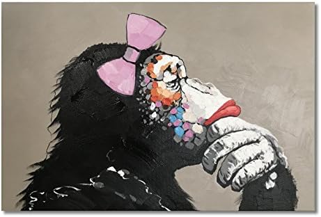 ציורי קוף גורילה ציור שמן בד שימפנזה חמוד מצויר ביד נמתח וממוסגר מוכן לתליית חדר שינה סלון חדר אמבטיה משרדי 36 על 24 אינץ