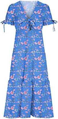 שמלת הדפסת פרחים של נשים בוהו קיץ v צוואר עניבת שרוול קצר קשר שמלה ארוכה שמלות מקסי רופפות רופפות