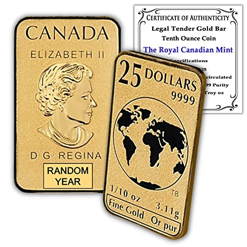 - נוכח מטבע בר זהב של 1/10 גרם על ידי המנטה המלכותית הקנדית המבריקה ללא מחזור עם תעודת אותנטיות 24K $ 25 BU