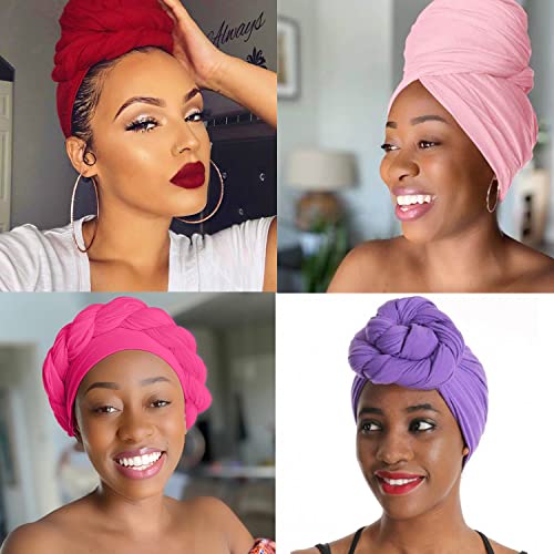 לי 4 חבילות למתוח ג ' רזי טורבן ראש כורכת אפריקאי ראש כורכת לנשים שחורות ראסטות מוצק צבע צעיפי עירוני ארוך גדול ראש להקה, חם ורוד + אדום + ורוד+אור סגול
