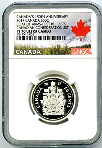 2017 קנדה הוכחת כסף 150 שנה ל 50 סנט נשק .9999 משחרר ראשון משחרר לראשונה חצי דולר PF70 NGC UCAM