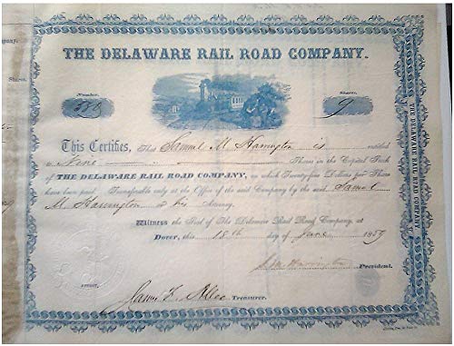 1856 הנושא הראשון של 1850 של דלאוור, מלאי רכבת דלאוור שנחתם על ידי מושל סמואל הרינגטון קורות חיים 200 דולר סכומי מניות שונים קנס נוסף