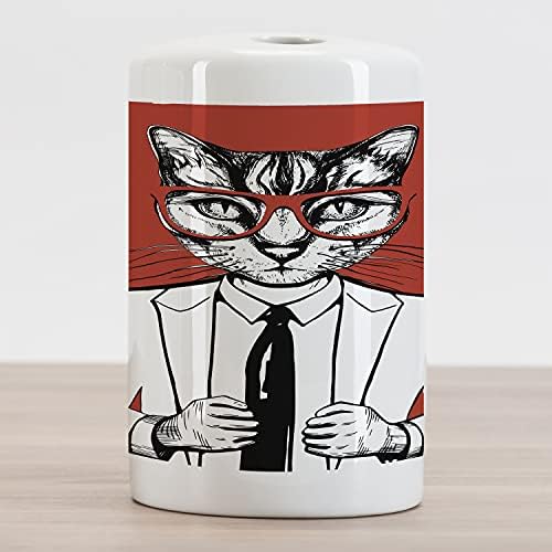 מחזיק מברשת שיניים קרמיקה של אמבסון, סקיצת וינטג 'מצחיקה של איש העסקים חתול עם משקפיים וחליפה, משטח דקורטיבי רב -תכליתי לחדר אמבטיה, 4.5 x 2.7, אפור פחם ורמיליון