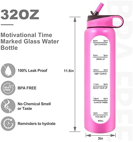 Probttl 32 גרם בקבוק מי זכוכית בורוסיליקט עם סמן זמן וקש עם מברשת בקבוקים - לשימוש חוזר ונטוי דליפות ו- BPA בקבוקי מים מוטיבציוניים מוטיבציוניים לחדר כושר כושר ספורט חיצוני ושימוש יומיומי