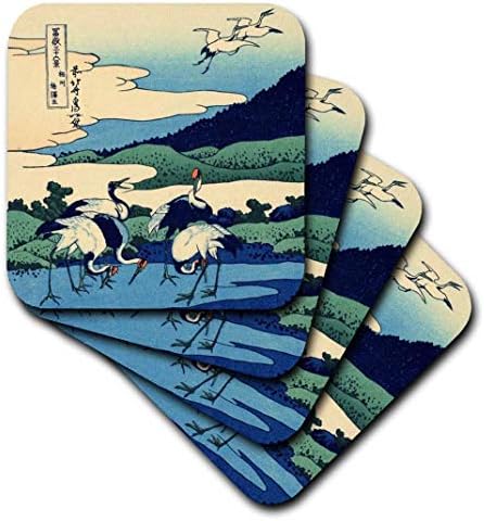 3drose umegawa במחוז סגאמי מאת הוקוסאי - אמנות יפנית - כחול קלאסי קלאסי יפן מנופי ציפורים - חוף ים רך, סט של 4