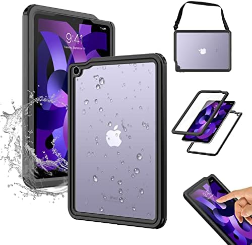 מארז Moko FIT APPLE IPAD AIR CASINT DECURE 5/4 הדור 2022/2020, iPad Air 5/4 אטום מים עם מגן מסך מובנה מבהיר מגן גוף מלא מגן חיצוני חיצוני פגוש אטום הלם טבילה, שחור