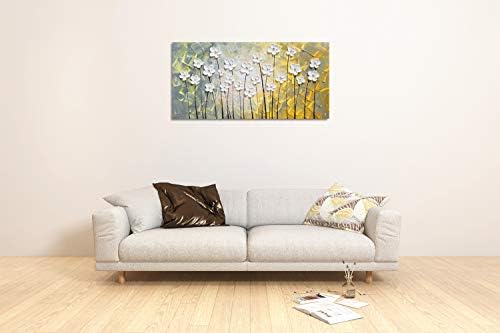 לבן פרח בד קיר אמנות יד צבוע כבד מרקם ציורי צהוב ולבן תמונות עכשווי יצירות אמנות לסלון חדר שינה אוכל דקור
