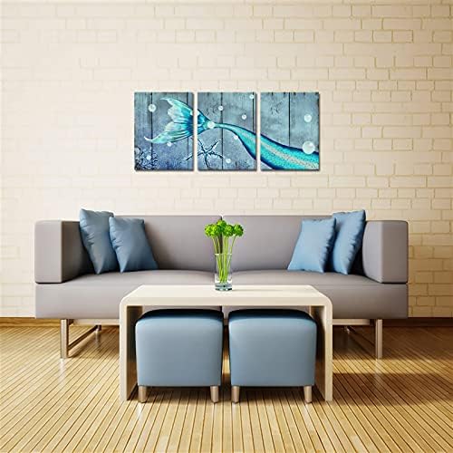 Simiwow Teal כחול בתולת ים עיצוב קיר - אוקאן בת הים יפה ציורי זנב תמונות יצירות אמנות לבנות חדר אמבטיה קיר חדר שינה ממוסגר 12 x16 x3 לוחות