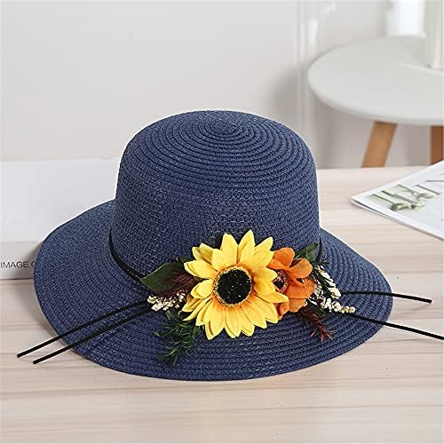 כובע קש רחב לשמש של נשים, כובע קש להגנת הקיץ, כובע חוף הגנה על קיץ ויצירה של חמניות.