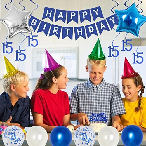 יום הולדת 15 קישוטים לבנים בנות כחול 15 יום הולדת קישוטים ספקי צד עבור נער יום הולדת שמח באנר כחול שמח 15 יום הולדת עוגת טופר מספר 15 כוכב לסכל בלונים