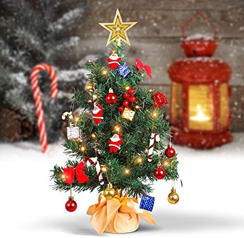 עץ חג המולד מלאכותי של ABOOFAN עץ שולחן עבודה שולחני שולחן עצי חג מולד עם מיתר LED אור קישוטי כדור תלויים עם בסיס שקית בד לציוד לעיצוב מסיבות חג המולד