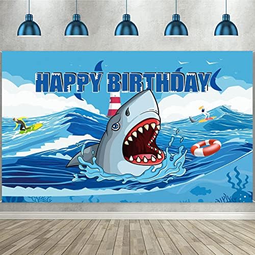 כריש מסיבת יום הולדת קישוטים כריש נושא רקע באנר לבנים בנות יום הולדת שמח באנר, כריש מתחת לים צילום רקע ספקי צד לילדים 6 על 4 רגל