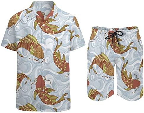 אנשי דגים קוי אסיאתיים 2 חלקים הוואי סט מכפתור חולצות שרוול קצר מכנסי חוף מכנסיים רופפים טייס אימונית