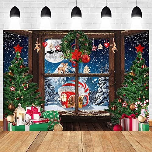 חורף חג המולד דיוקן רקע חג המולד עץ חלון מלא ירח לילה רקע שלג הפלאות סצנת מתנות אבזרי צילום