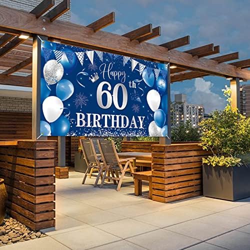רקע באנר ליום הולדת 60, קישוטי יום הולדת 60 שמחים, בד כסף כחול רקע צילום לגברים ונשים מסיבת יום הולדת 60,70.8 על 43.3 אינץ