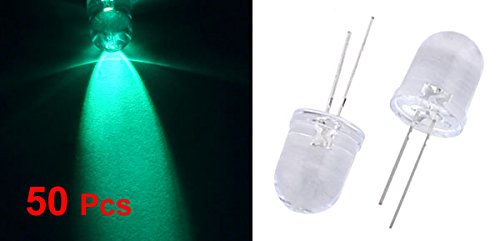 uxcell 10 ממ דיודה פולטת גליל צלול 2 סיכה 2 מנורת LED אור ירוק 50 pcs