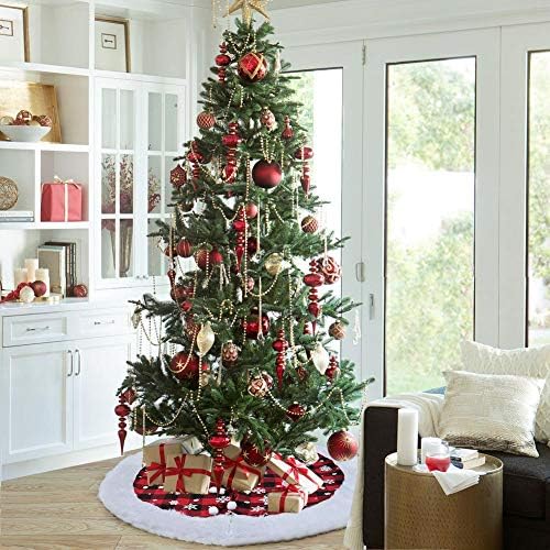 חצאית עץ חג המולד שלנו, 48 אינץ 'יוקרה חצאית עץ משובץ יוקרה עם חצאית עם פרווה פו קטיפה לקישוטים לחג חג המולד כפרי, חצאית עץ פתית שלג לבן