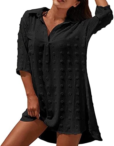 Lariau שמלת קיץ מזדמנים נשים בגד ים בחוף ים ביקיני ביקיני חוף חופשה חוף כיסוי חולצה שמלת כיס רשמית שמלת פשתן שחורה