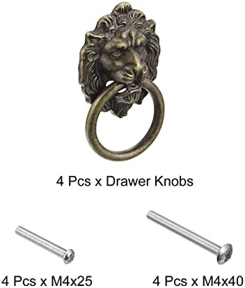 UXCell 4PCS LION LIGHTUR משיכה 1.57 X1.97 ראש אריה מושך ידית טבעת ברונזה משיכה עם ברגים לארון מטבח ארון שידה ארון.