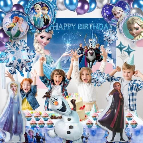 קישוטים למסיבות של מסיבות יום הולדת לחורף כוללים רקע, מפת שולחן, בלון נייר כסף מצויר, בלון נייר נייר נסיכה, קישוטי בלוני חורף לילדה