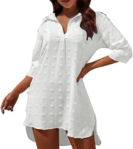 Lariau שמלת קיץ מזדמנת נשים בגד ים בחוף ים ביקיני ביקיני חוף חופשה חוף כיסוי חולצה שמלת כיס רשמית שמלת פשתן לבנה