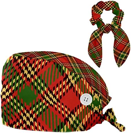 חג המולד אדום ירוק משובץ בופנט כובע עבודה עם קשירה סרטים עם נשים ארוכות שיער מתכוונן כובע כירורגי ופס שיער קשת
