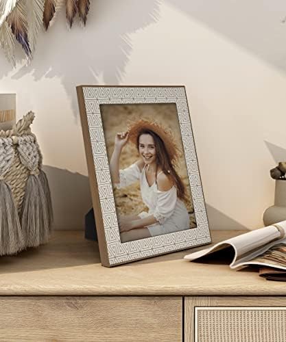 Sapowerntus 8x10 מסגרת תמונה בוהו מסגרת צילום עץ לבן, דפוס גיאומטריה משולש מודרני עם זכוכית אמיתית, בית חווה בוהמיה תפאורה ביתית לתליית קיר, מתנת חתונה משפחתית לאמא