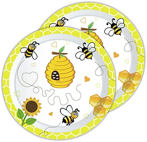 ציוד למסיבות דבורה של דופיה - 48 יחידות צלחות נייר דבורה ומפית דבורה של 40 יחידות לחשיפה מגדר לתינוק, יום הדבורים שמח, פיקניק קיץ, יום הולדת דבורה, מקלחת לתינוק